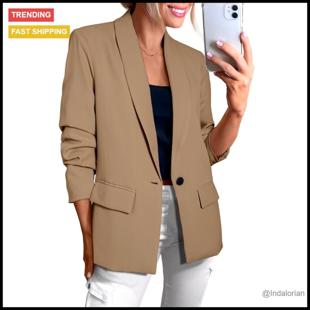 Long Sleeve Blazer Open Front Business Casual Slim Fit Polyester Classic